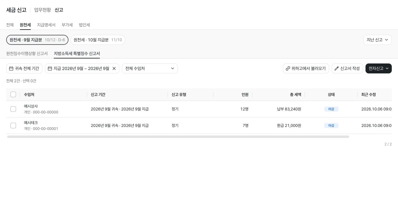 지방소득세 특별징수 신고서 탭과 목록 — 예시 데이터