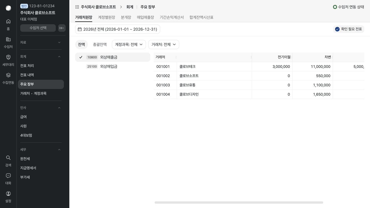 주요 장부 조회하기 화면 — 예시 데이터