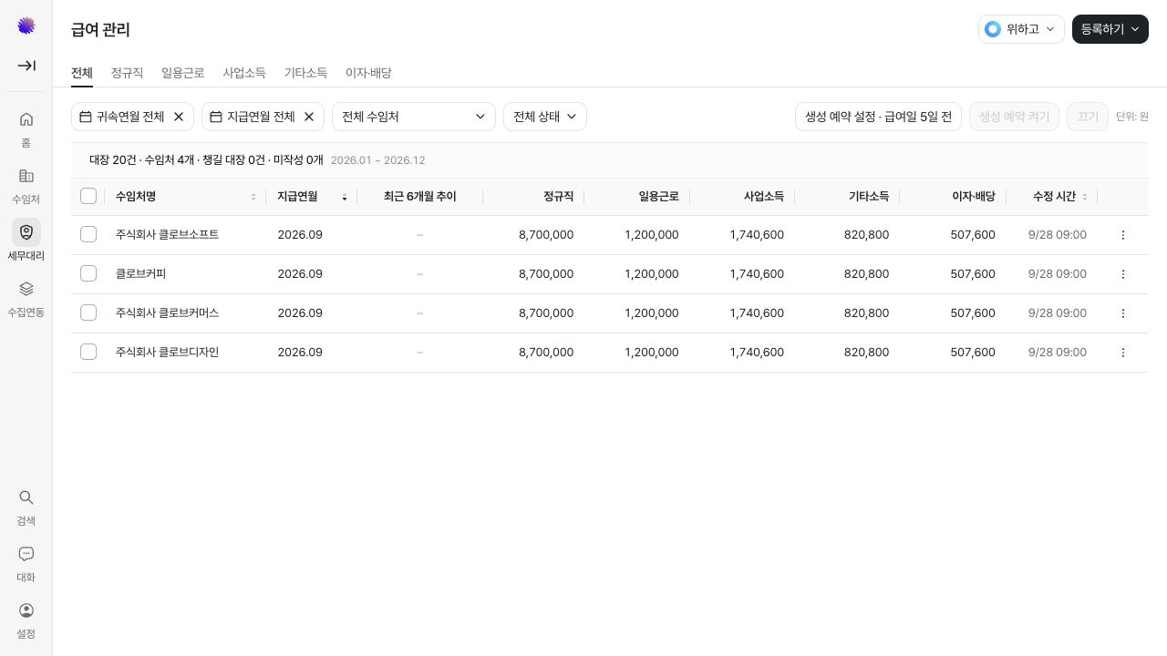 수임처별 소득 유형 금액을 함께 보는 전체 급여 현황