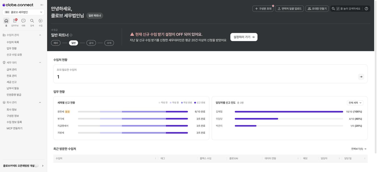 홈 화면의 파트너 등급, 수임처 현황, 업무 현황 — 예시 데이터